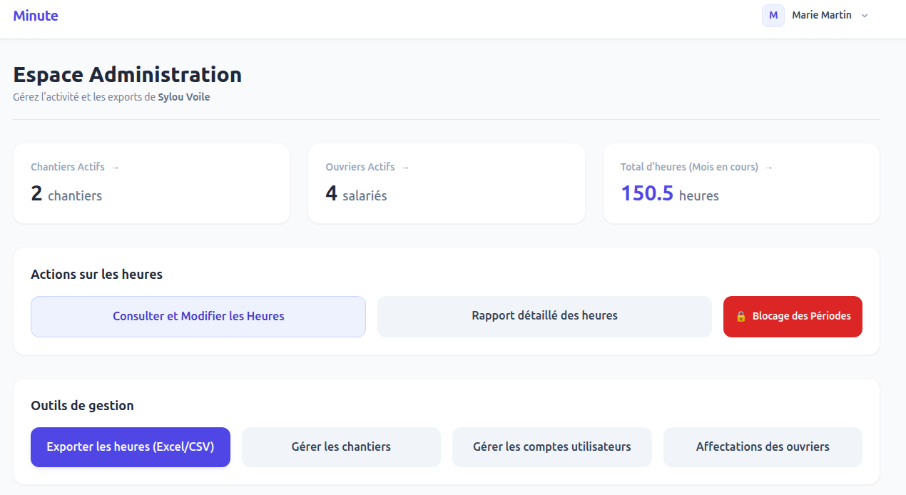 Dashboard d'administration Minute